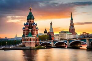 le kremlin et le Moscou rivière à le coucher du soleil. généré par ai photo