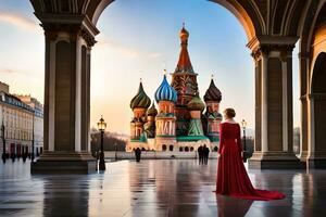 une femme dans une rouge robe des stands dans de face de le cathédrale. généré par ai photo