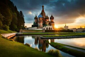 le Soleil ensembles plus de le kremlin dans Moscou, Russie. généré par ai photo