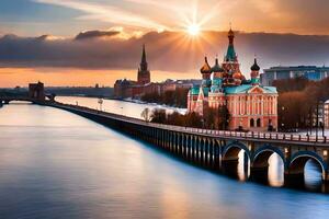 le Soleil est réglage plus de le ville de st petersbourg. généré par ai photo