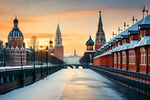 le kremlin et le rouge carré dans l'hiver. généré par ai photo