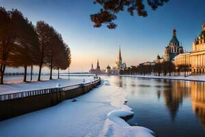 le rivière est congelé dans hiver avec une église dans le Contexte. généré par ai photo