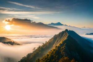 le Soleil monte plus de le des nuages dans cette photo. généré par ai photo