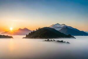 lever du soleil plus de le montagnes et brouillard. généré par ai photo