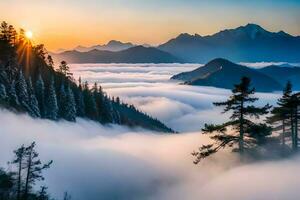 une magnifique lever du soleil plus de le montagnes et brouillard. généré par ai photo