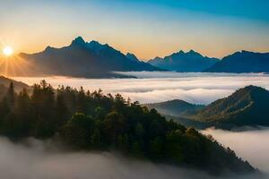 le Soleil monte plus de le montagnes et brouillard dans cette photo. généré par ai photo