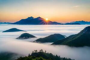 le Soleil monte plus de le montagnes et brouillard. généré par ai photo