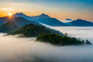 lever du soleil plus de montagnes et brouillard dans le vallée. généré par ai photo