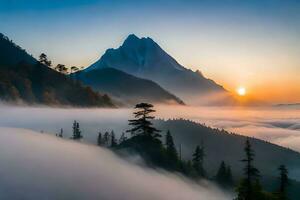 le Soleil monte plus de le montagnes et brouillard. généré par ai photo