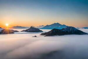 lever du soleil plus de montagnes et brouillard dans le vallée. généré par ai photo