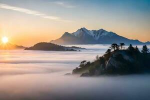 le Soleil monte plus de le montagnes et brouillard dans cette photo. généré par ai photo