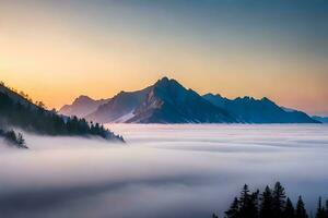 une Montagne intervalle est vu dans le brouillard. généré par ai photo