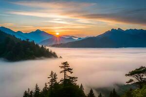 lever du soleil plus de le montagnes et brouillard. généré par ai photo