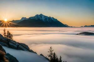 le Soleil monte plus de le des nuages dans le montagnes. généré par ai photo