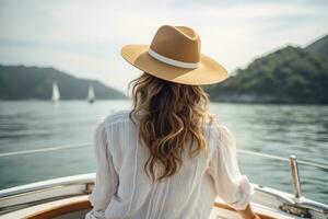 blond femme avec chapeau est assis sur une yacht , ai généré photo