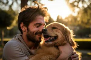 Jeune adulte homme en portant le sien beagle , Extérieur l'automne parc, ai généré photo