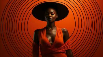 une femme des stands en dehors dans sa audacieux Orange robe et correspondant à chapeau, exsudant confiance et sans effort avant-gardiste talent artistique, ai génératif photo