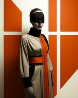 une femme dans à la mode tenue, orné avec une masque et une brillant Orange foulard, des stands en toute confiance dans un intérieur espace rempli avec art cette rayonne sa interne force, ai génératif photo