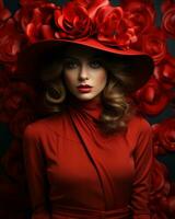 une radiant femme dans une vibrant rouge robe avec une délicat chapeau orné avec luxuriant des roses grâces le chambre, sa élégant mode choix ajouter un air de beauté et joie à le atmosphère, ai génératif photo