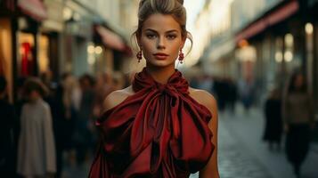 une vibrant Jeune femme des stands en toute confiance dans le soleil, exsudant équilibre et style dans sa audacieux rouge robe cette rayonne avec à la mode flair, ai génératif photo