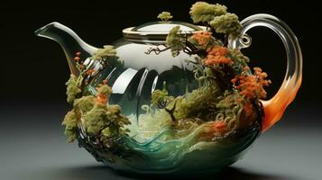 une coloré céramique théière orné avec vibrant les plantes et épanouissement fleurs des offres une de bonne humeur ambiance dans le maison, ai génératif photo