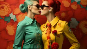 deux à la mode femmes embrassement dans des lunettes de soleil Capturer une passionné moment de l'amour et liberté, ai génératif photo
