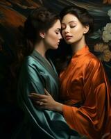 deux femmes, habillé dans fleuri des robes, embrasse dans une captivant portrait, convoyer une soumissionner moment de l'amour et lien dans une intemporel travail de art, ai génératif photo
