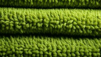 cette fermer de une vif vert tapis révèle une unique modèle de complexe fibres, évoquant une sens de texturé luxe et exotique élégance, ai génératif photo