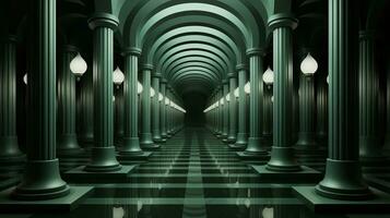 le symétrique couloir illuminé par doux Colonnes de lumière rayonne une tranquille atmosphère, évoquant une sens de grandeur dans le bâtiment, ai génératif photo