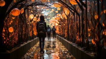 une la personne en marchant vers le bas une passerelle avec des arbres et lumières, ai génératif photo