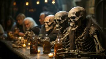 une groupe de squelette séance à une table avec bouteilles de liquide, ai génératif photo