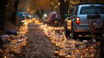 une voiture garé sur une route avec citrouilles et lumières, ai génératif photo