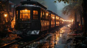 une vieux train sur le des pistes dans Halloween nuit, ai génératif photo