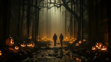 sur une chaud, brumeux nuit, deux gens errer par le mystique forêt, illuminé par le brillant lueur de citrouilles et le crépitement chaleur de une feu de camp, ai génératif photo