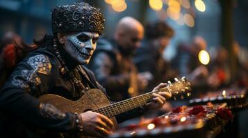 une homme habillé dans vibrant Vêtements gratte le sien guitare passionnément comme il rochers en dehors sur organiser, le sien visage peint avec abstrait couleurs à créer une sauvage et captivant performance, ai génératif photo