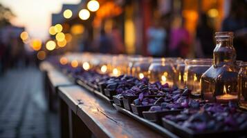 dans une silencieux rue doublé avec bougies, une table chargé avec une vibrant propager de nourriture est illuminé par une doux, violet lumière, création une captivant et attrayant atmosphère, ai génératif photo