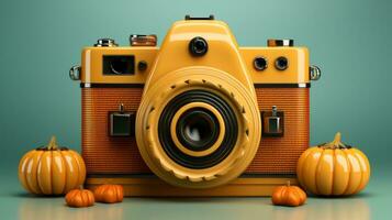 une vibrant Jaune caméra des stands contre une toile de fond de de bonne humeur citrouilles, squash, et gourdes, capturer le joie de un intérieur l'automne, ai génératif photo