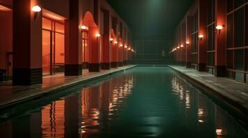 sur une éclairé par la lune nuit, une grandiose bassin reflète le chaud lueur de ses rouge Colonnes et lumières, création une paisible et captivant oasis, ai génératif photo