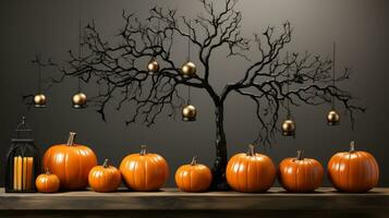 une de fête l'automne scène de une grand arbre plein de coloré citrouilles et gourdes se prélasser dans le chaud lumière du soleil, célébrer le joie de Halloween, ai génératif photo