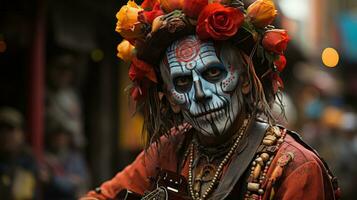 une vibrant la personne des stands fièrement en plein air, orné dans une coloré costume de visage peindre et fleurs, prêt à célébrer le joyeux carnaval, ai génératif photo