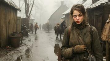 sur une brumeux hiver jour, une femme dans une chaud veste des stands dans le milieu de une animé rue, entouré par le du froid sol, neige, bâtiments, les chevaux, et personnes, ai génératif photo