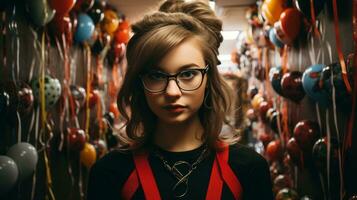 une femme dans une noir chemise et des lunettes rayonne confiance comme elle en toute confiance accessoirise avec une délicat collier, incorporant un air de élégant équilibre, ai génératif photo