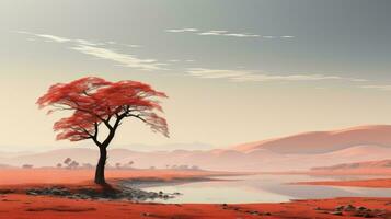 une vibrant paysage de une majestueux à feuilles rouges arbre près une tranquille Lac baigné dans une serein, rempli de coucher de soleil ciel évoque une sens de paix et Naturel beauté, ai génératif photo