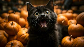 une noir chat avec ses bouche ouvert avec brillant Orange citrouilles, ai génératif photo