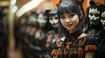 une Japon Jeune femme dans élégant Vêtements des stands à l'intérieur, radieux avec une brillant sourire cette rayonne confiance et joie, ai génératif photo