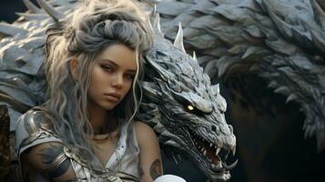 une mystérieux femme avec longue cheveux et une majestueux dragon, ai génératif photo