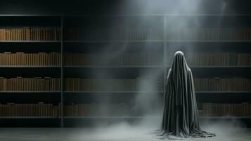 une mystérieux figure masqué dans noir des stands entouré par bibliothèque de livres, étagères débordant avec connaissance et allusion de mystère, évoquant sens de admiration et merveille dans intemporel des murs, ai génératif photo