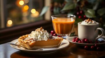 une Matin petit déjeuner de porcelaine vaisselle rempli avec une chaud, sucré Pâtisserie et une agresser de fumant café capture le essence de confort et plaisir, ai génératif photo