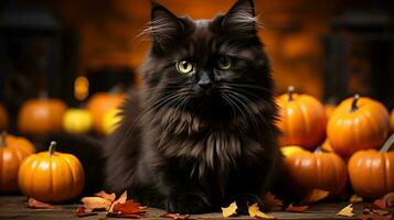 une noir chat mensonge suivant à citrouilles dans Halloween soir, ai génératif photo