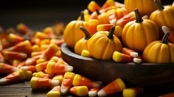 une corne d'abondance de vibrant Orange citrouilles, bonbons maïs, et autre gourdes illumine en haut le à l'intérieur, création une parfait atmosphère pour une effrayant Halloween fête, ai génératif photo